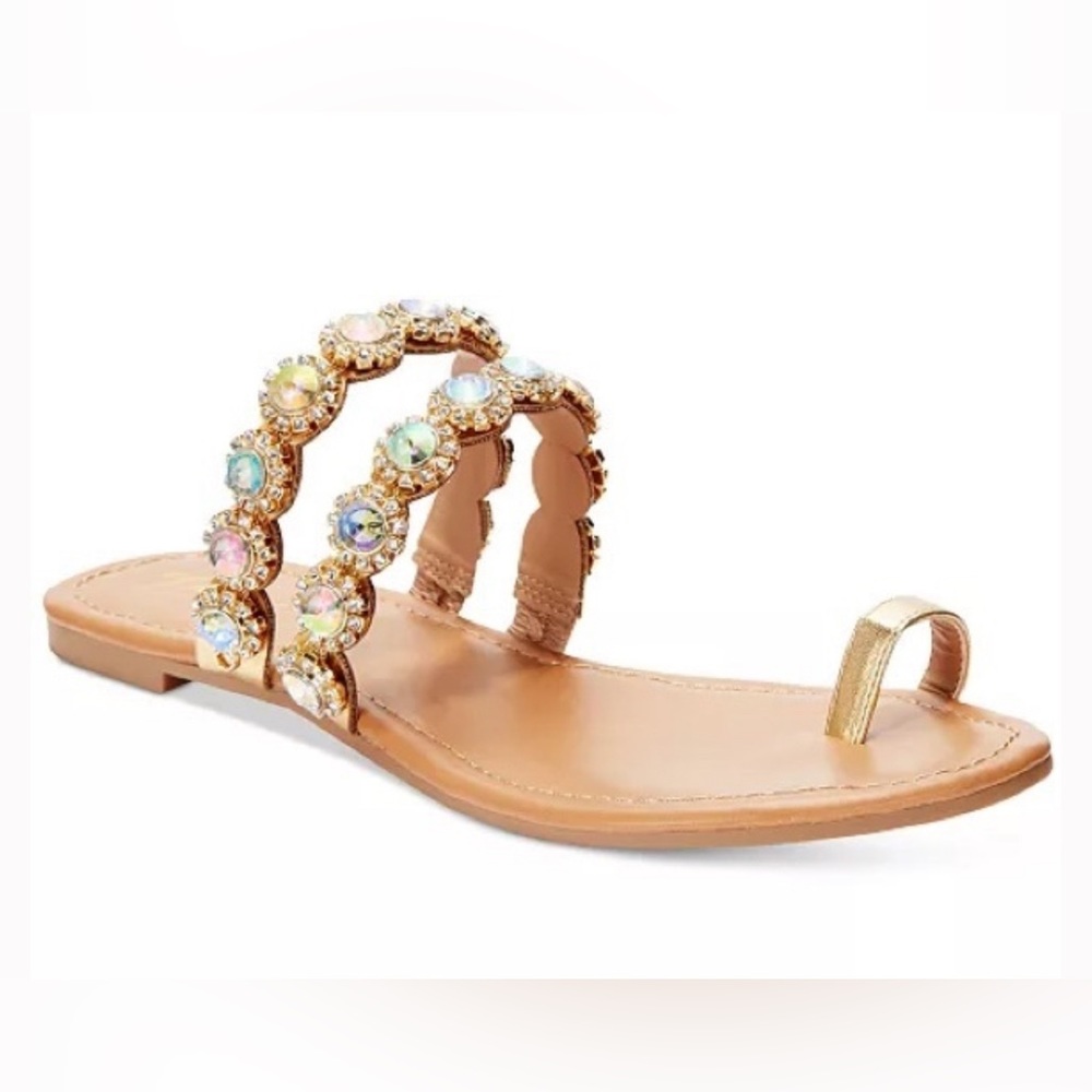 New Women’s Thalia Sodi Joya Gold Metallic Gemstone Flat Sandals size 7